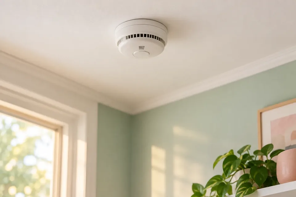 A smoke detector on a white ceiling with soft morning light, no smoke visible