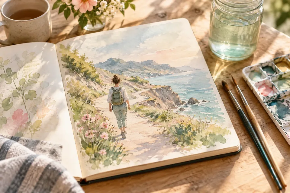 A watercolor sketchbook open on a table with a loose, unfinished painting of a person walking outdoors