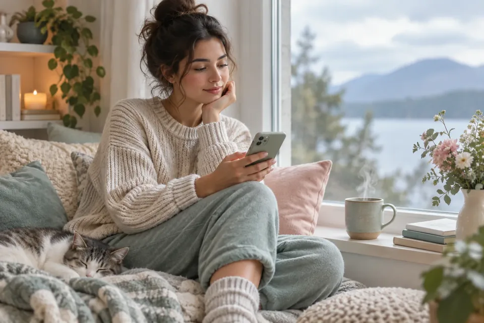 A person in a cozy sweater reading something on a phone while sitting by a window with a mug.