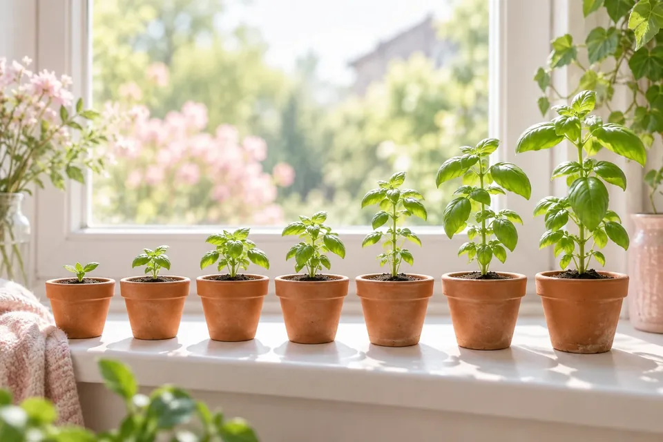 A row of potted plants of noticeably different heights on a sunny windowsill