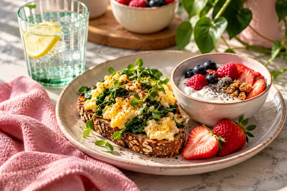 A generic wellness still life with a notebook, water and balanced meal; no branded medicine shown.