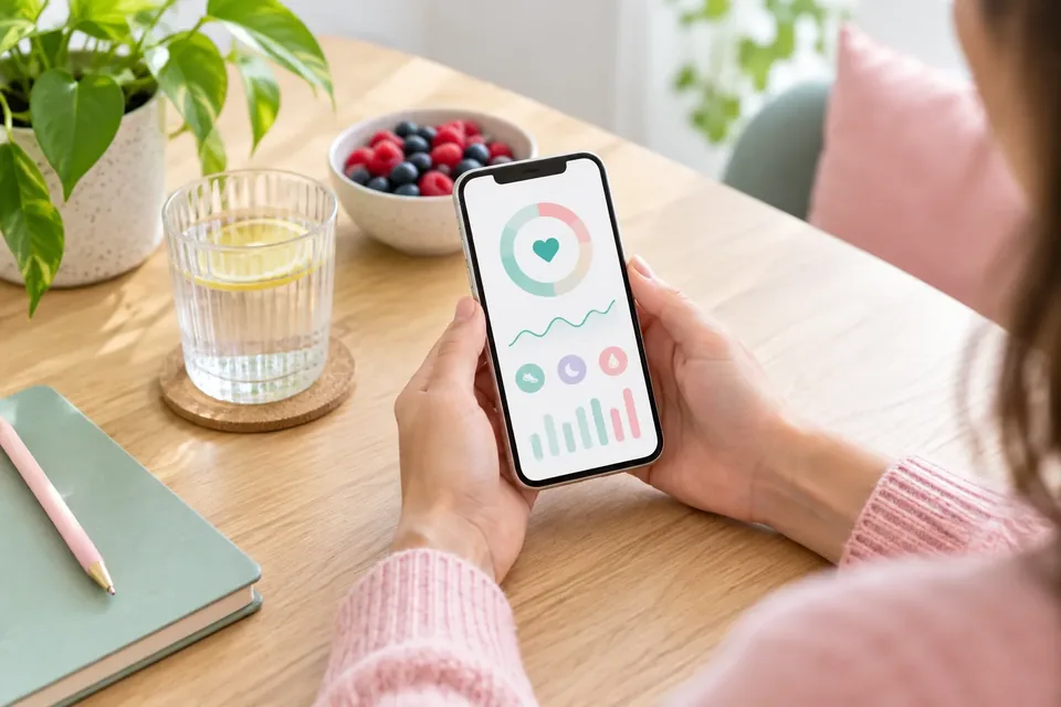 Hands holding a phone showing a colorful health tracking screen, next to a glass of lemon water, a bowl of berries and a plant.