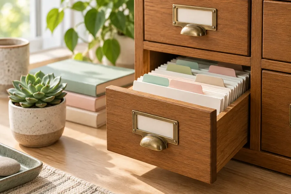 A stack of library index cards with colored tabs on a wooden desk beside a small plant