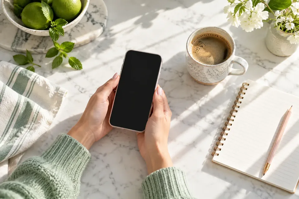 A person's hands holding a smartphone over a kitchen counter with a coffee mug and a notepad, morning light.