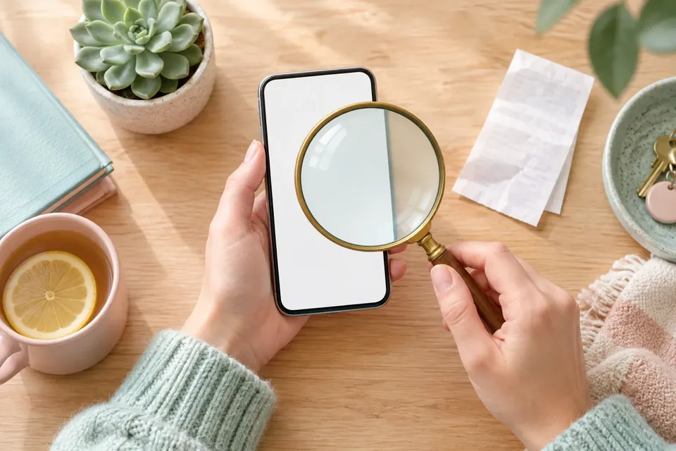 Hands holding a magnifying glass over a smartphone resting on a wooden desk beside a small potted plant.
