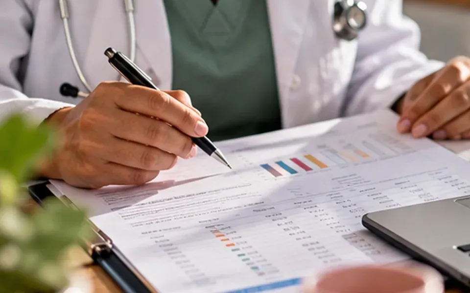 A clinician reviewing a patient's information and charts, representing individualized medication safety.