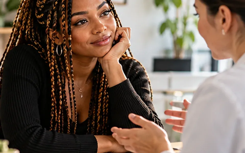 A healthcare professional speaking with a patient, representing evidence-based medical discussions.