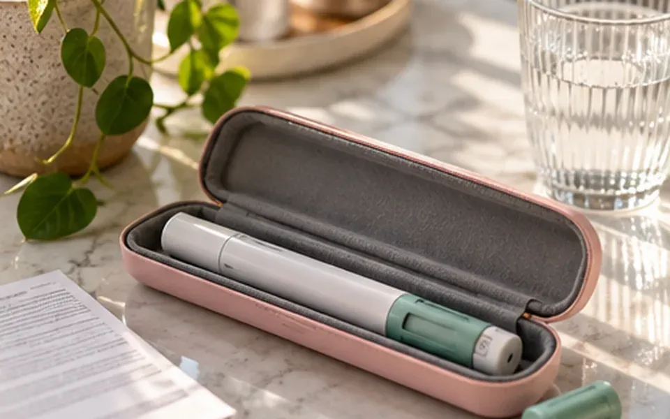 A neutral close-up of an unbranded injection pen and notebook, representing medication research.