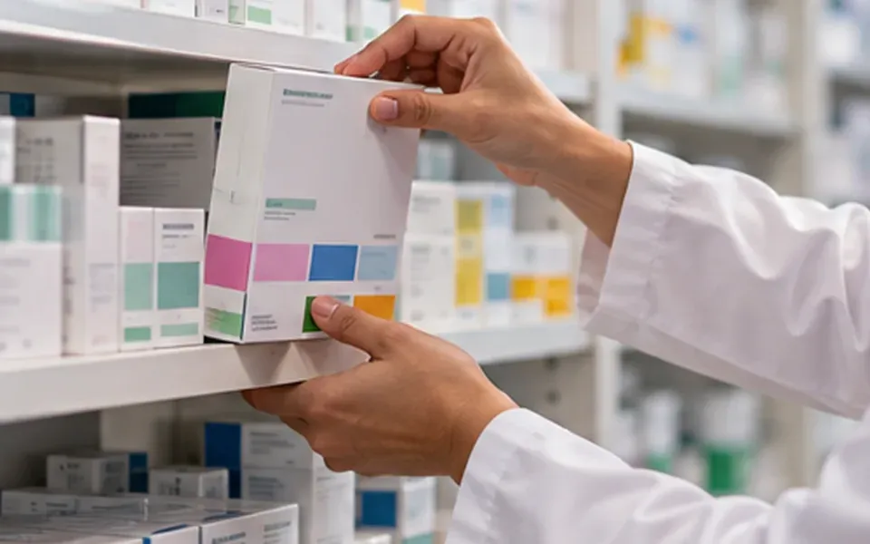 Medication information and a pill organizer on a clean desk, representing a medication review.