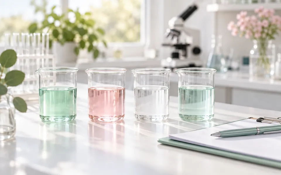 Laboratory glassware lined up on a bench, representing the stages of clinical research.