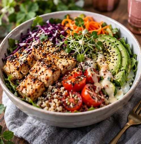 A colorful grain bowl with vegetables, avocado and a protein source