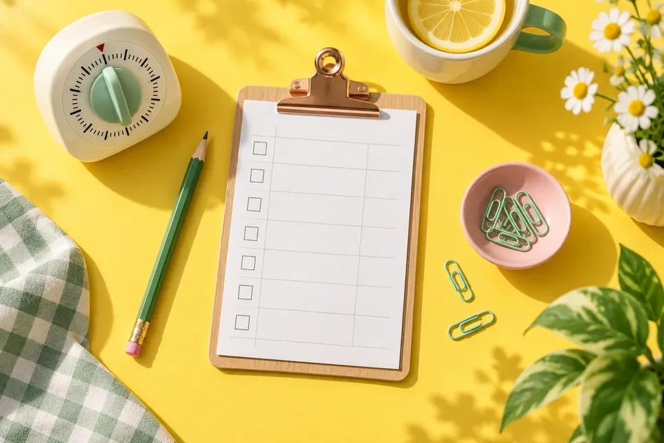 A kitchen timer, a pencil and a small clipboard with a blank grid on a bright yellow table.