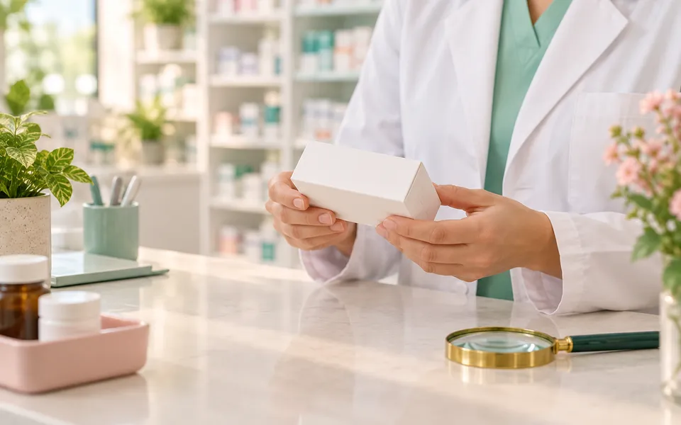A pharmacist examining a medicine box, representing questions about compounded medicines.