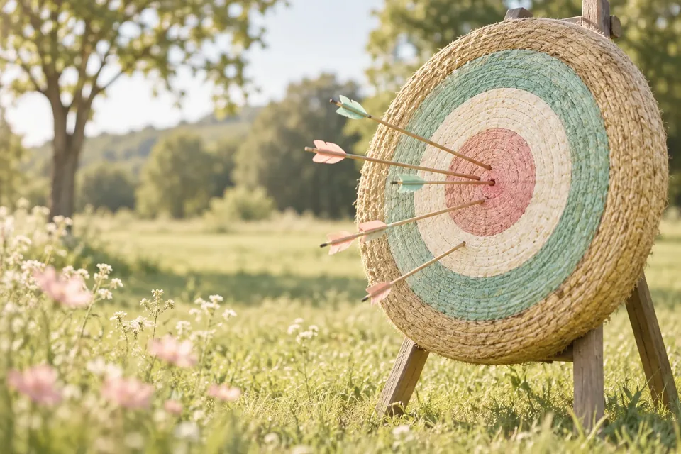 An archery target with a cluster of arrows near the center on a grassy field