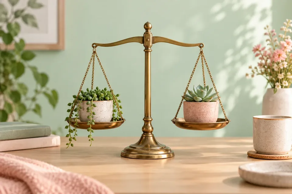 A vintage brass balance scale on a desk with a small plant on each side