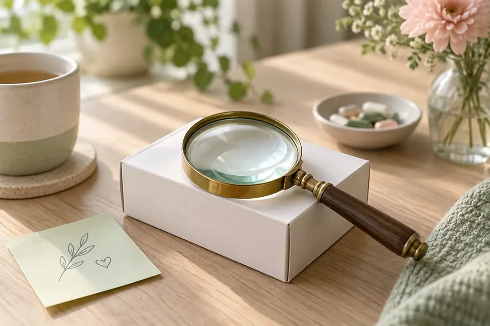 A magnifying glass resting on a plain white medicine carton on a light wooden table, with soft window light.