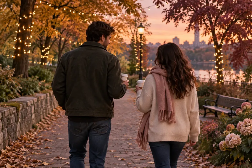 Two people walking side by side through an autumn park at dusk, each holding a takeaway coffee cup