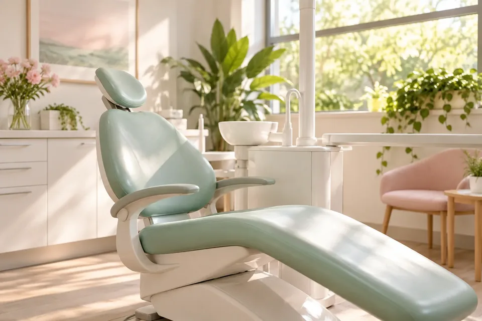 An empty, sunlit dental treatment chair in a modern clinic with plants by the window