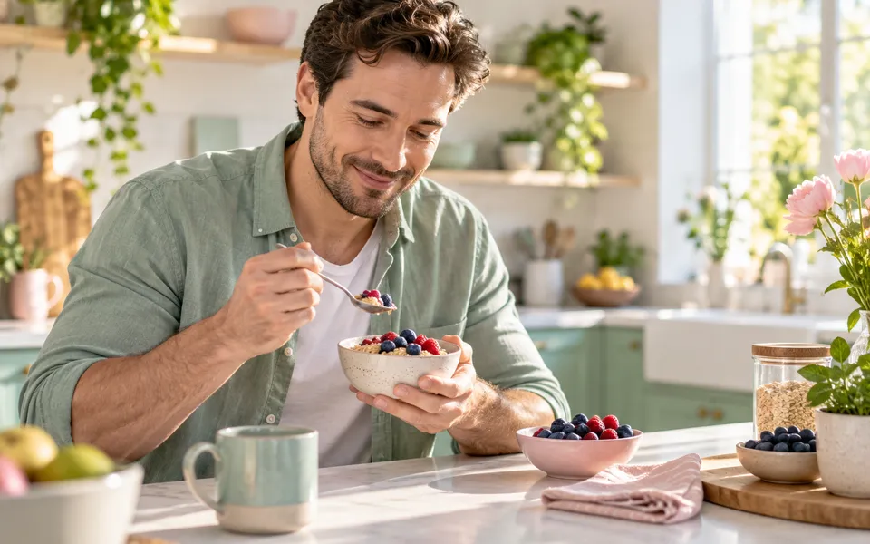 A man eating a light breakfast, representing the question of whether side effects mean a medicine is working.