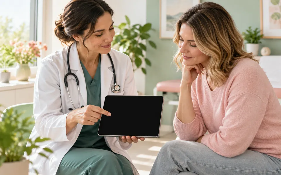 A clinician and patient reviewing a tablet, representing reviewing treatment.