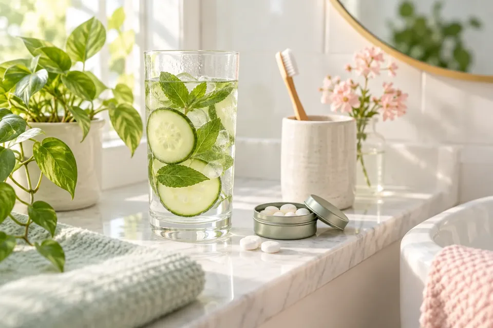 A glass of water with cucumber slices, a pack of sugar-free mints and a soft toothbrush on a bright bathroom shelf
