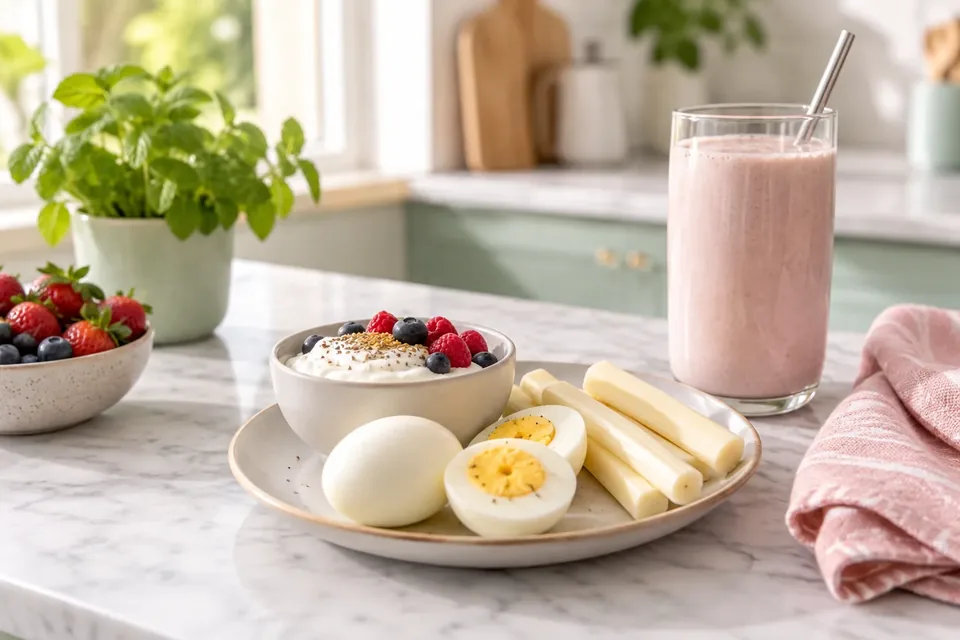 A plate with boiled eggs, cheese sticks, and a bowl of yogurt with berries next to a pink smoothie.