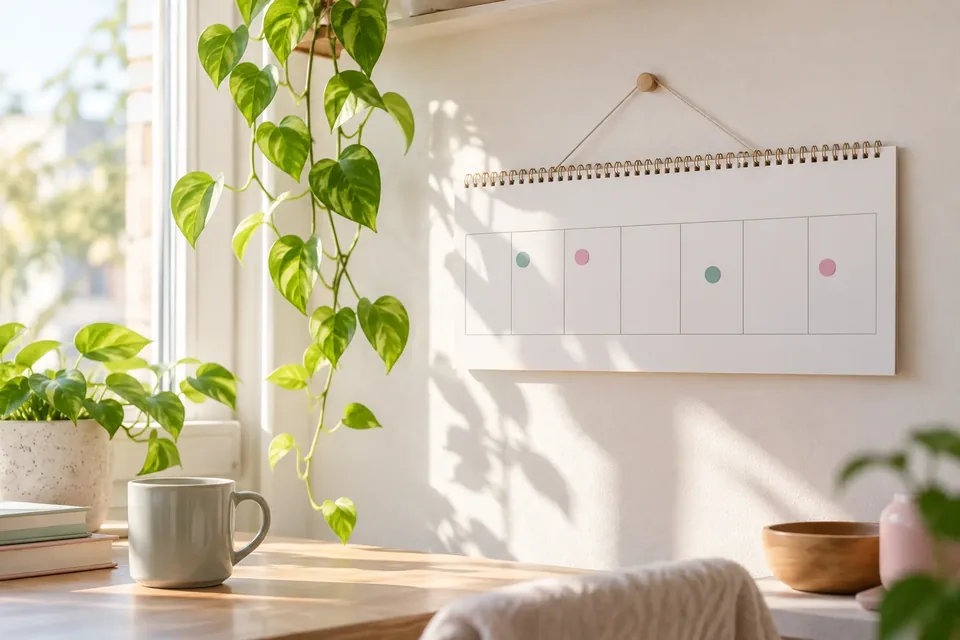 A wall calendar with a week of blank squares, a few marked with colored dots, beside a window with morning light.