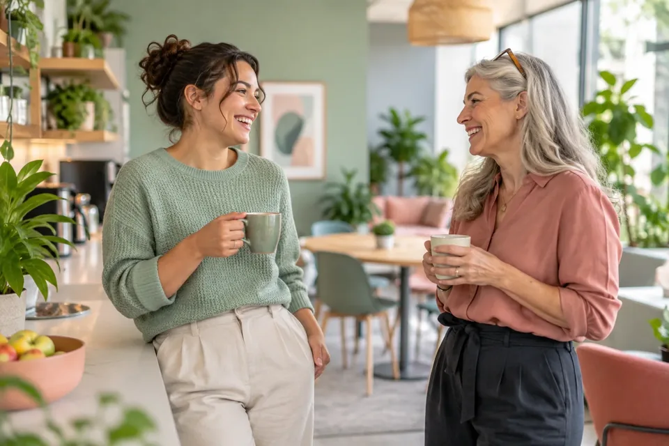 Two office coworkers chatting over coffee in a bright modern break room.