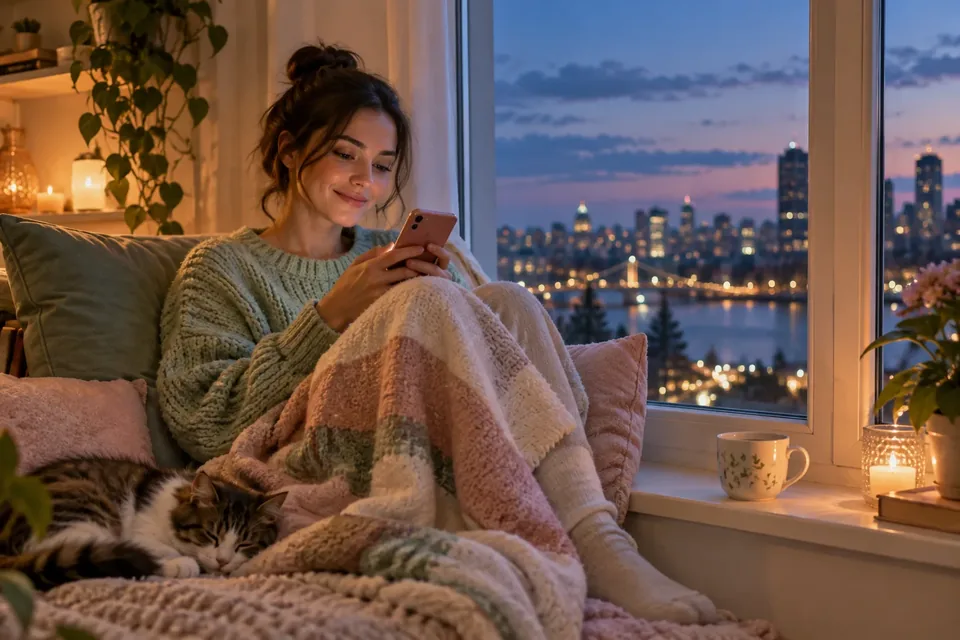A person curled up on a window seat at dusk, smiling softly at a phone, with a mug and a blanket