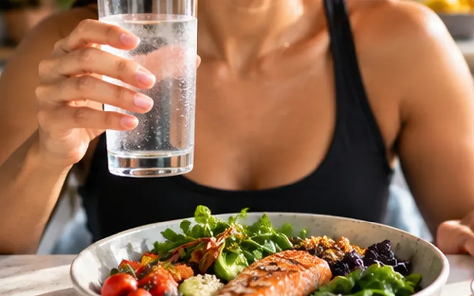 A person holding water beside a balanced meal, representing hydration and symptom tracking.