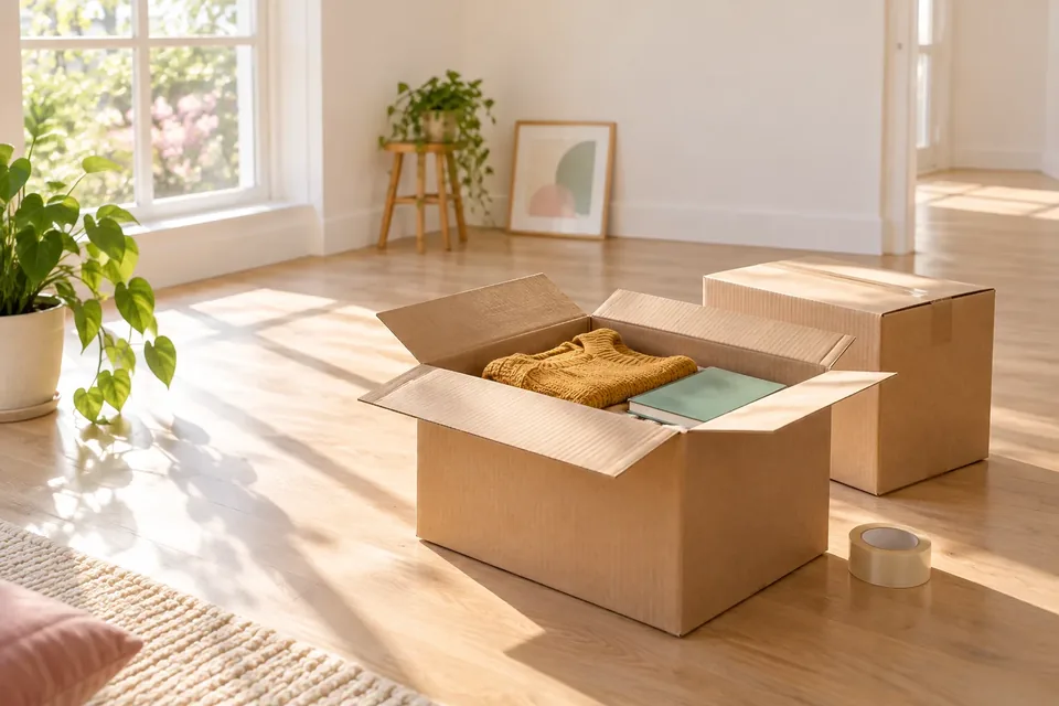 Moving boxes, one open with a neatly folded sweater and a notebook inside, in a sunlit empty room.