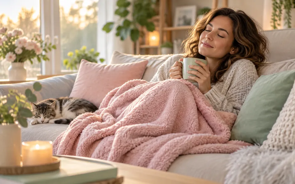 A woman resting under a blanket with tea, representing fatigue.