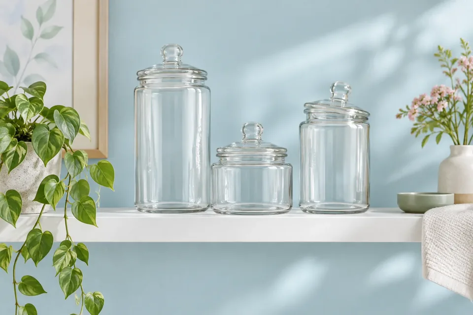 Three empty glass jars of different sizes on a white shelf against a soft blue wall.