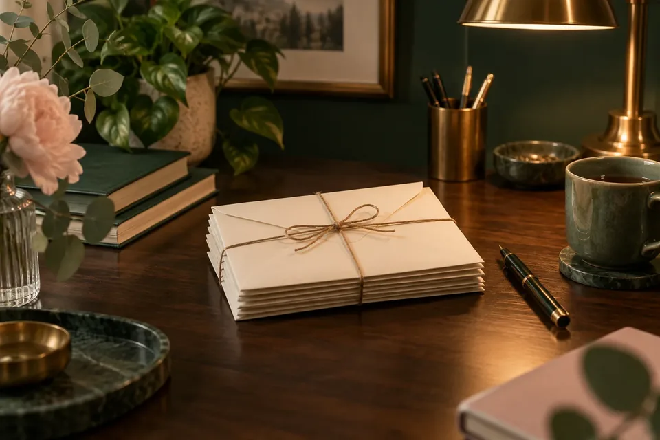 A stack of plain sealed envelopes on a dark wooden desk lit by a brass desk lamp.