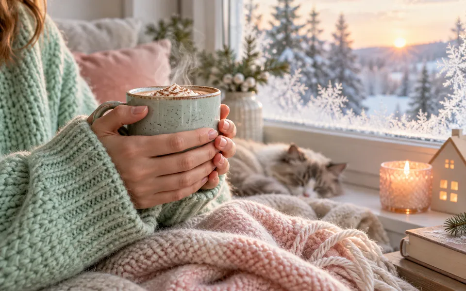 Hands holding a warm mug in a knit sweater, representing feeling cold.