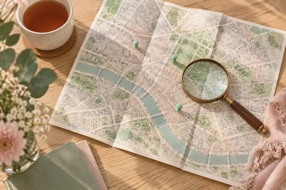 A paper city map with a few small pins, a magnifying glass and a cup of tea on a wooden table