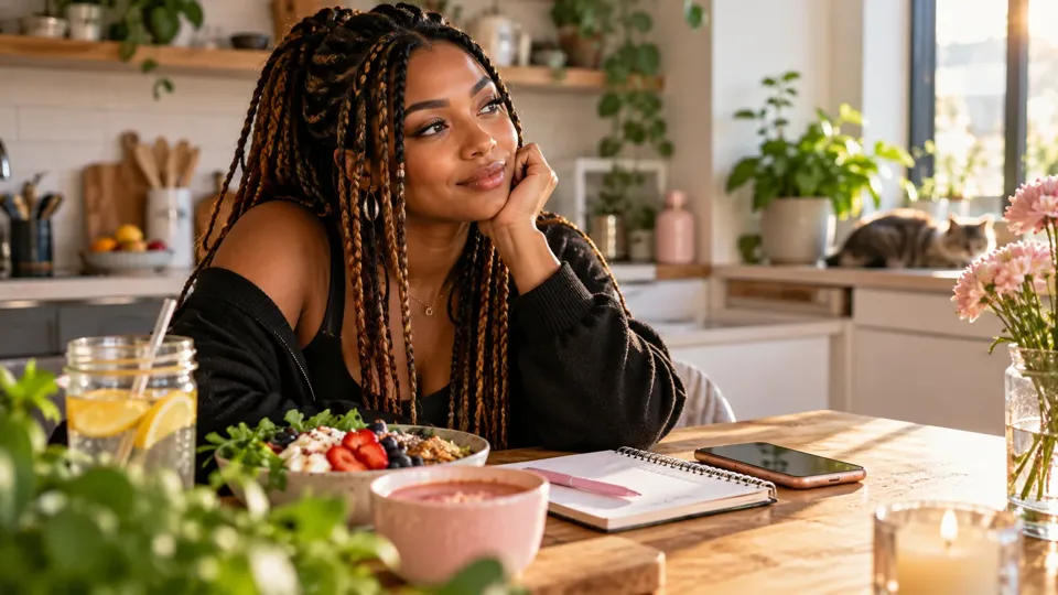 A quiet moment at a kitchen table with a journal and meal, representing different experiences with appetite and cravings.