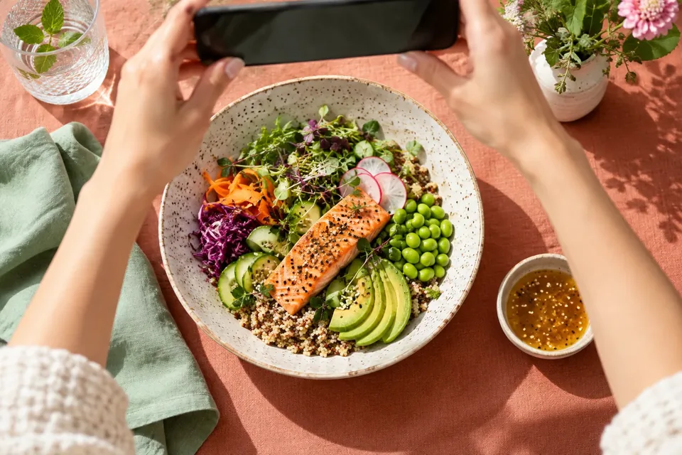 Overhead view of a grain bowl with salmon, greens and a small dish of dressing on the side, with a phone held above it.