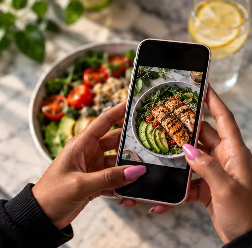 Hands using a phone to take a photo of a balanced meal