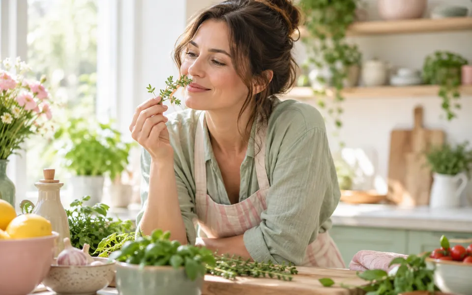 A woman smelling fresh herbs, representing changes in taste and smell.