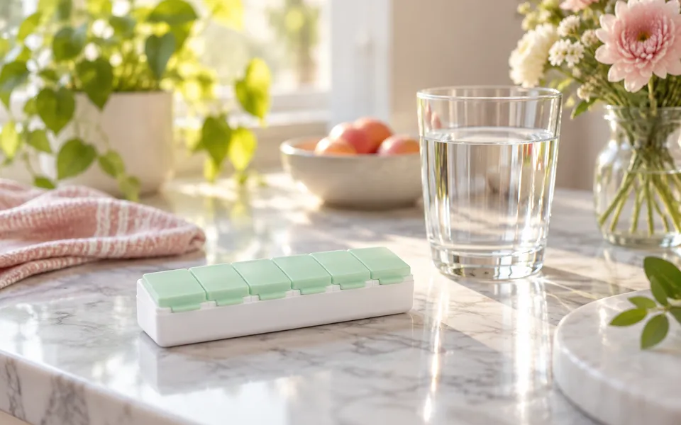 A pill organizer and glass of water, representing a new oral medicine.