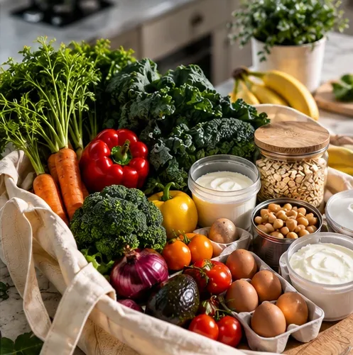 Fresh vegetables, eggs, yogurt, oats and pantry staples arranged on a counter
