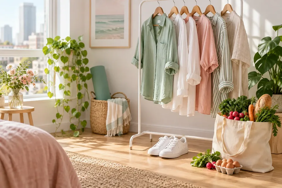 A clothing rail with a few neatly hung shirts, a pair of sneakers and a grocery tote with vegetables on a wooden floor.
