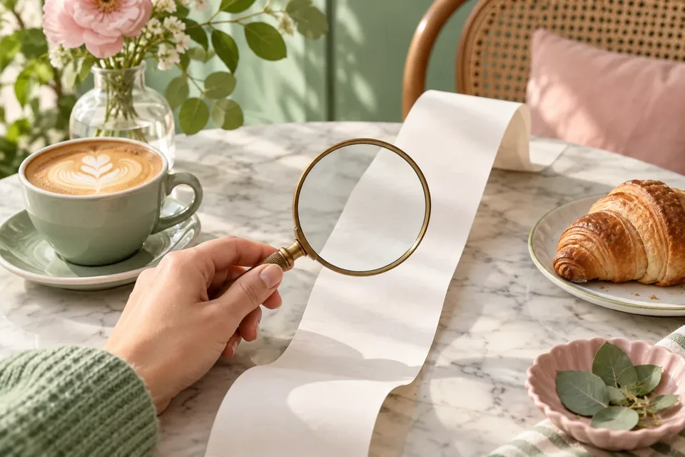 A person holding a magnifying glass over a long paper receipt on a cafe table.