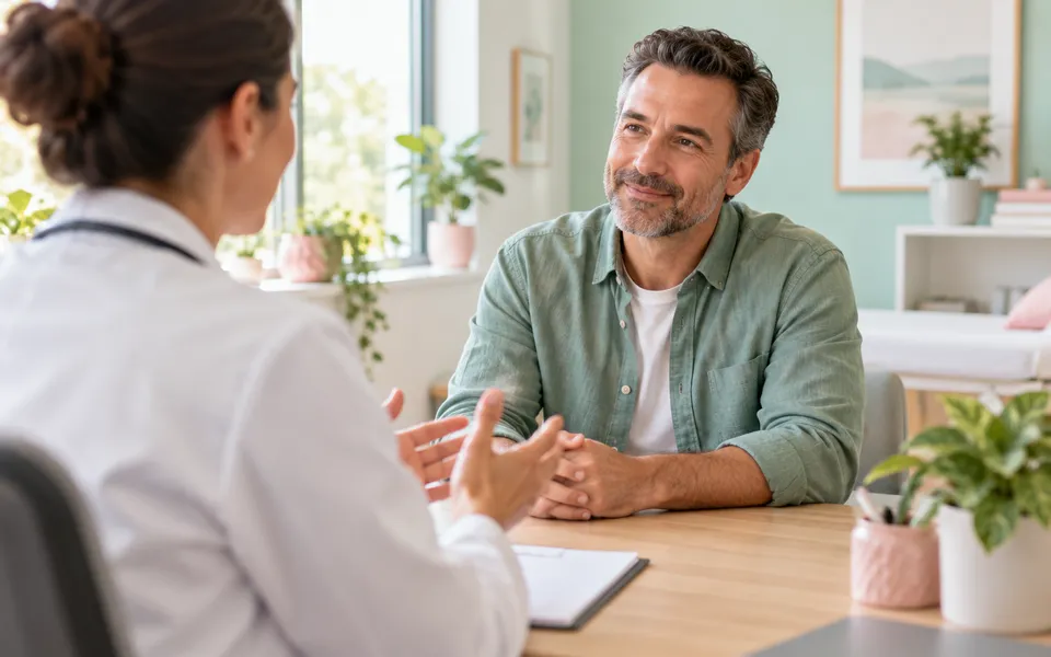 A patient talking with a clinician, representing care after bariatric surgery.