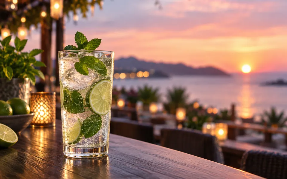 A sparkling water with lime on a bar top, representing research on alcohol cravings.