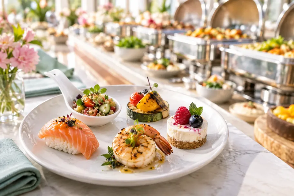 A small appetizer plate holding tiny tasting portions in front of a long, colorful buffet line