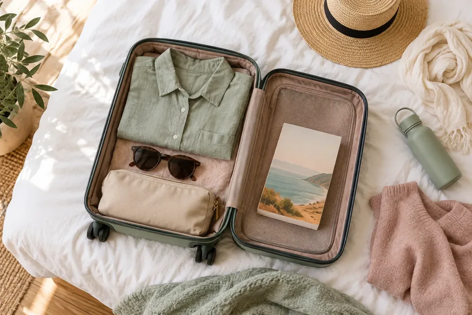 A small suitcase being packed with only a few carefully chosen items on a bed.