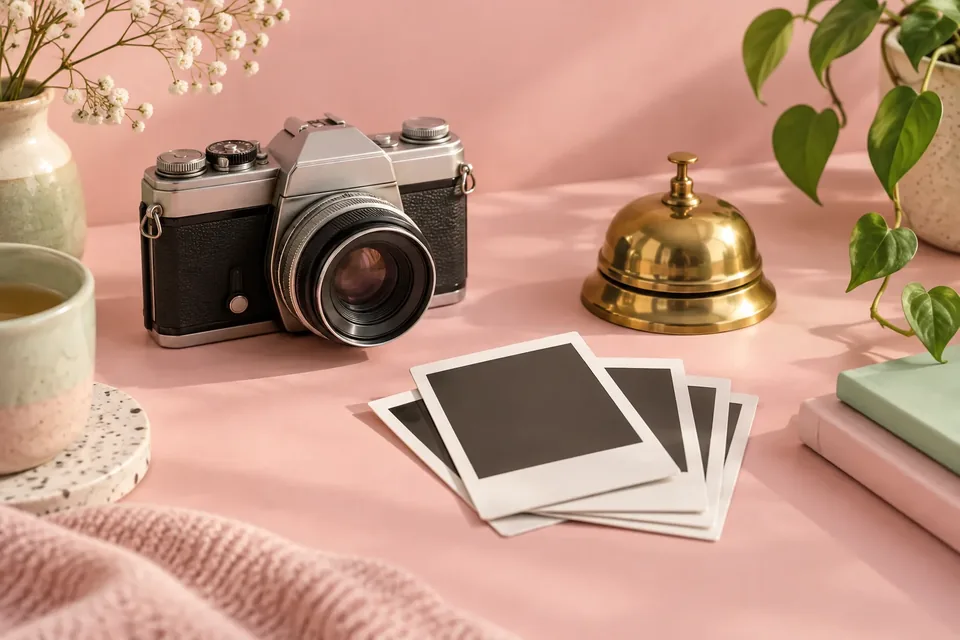 A vintage film camera, a small brass bell and a stack of instant photos arranged on a pastel pink surface.