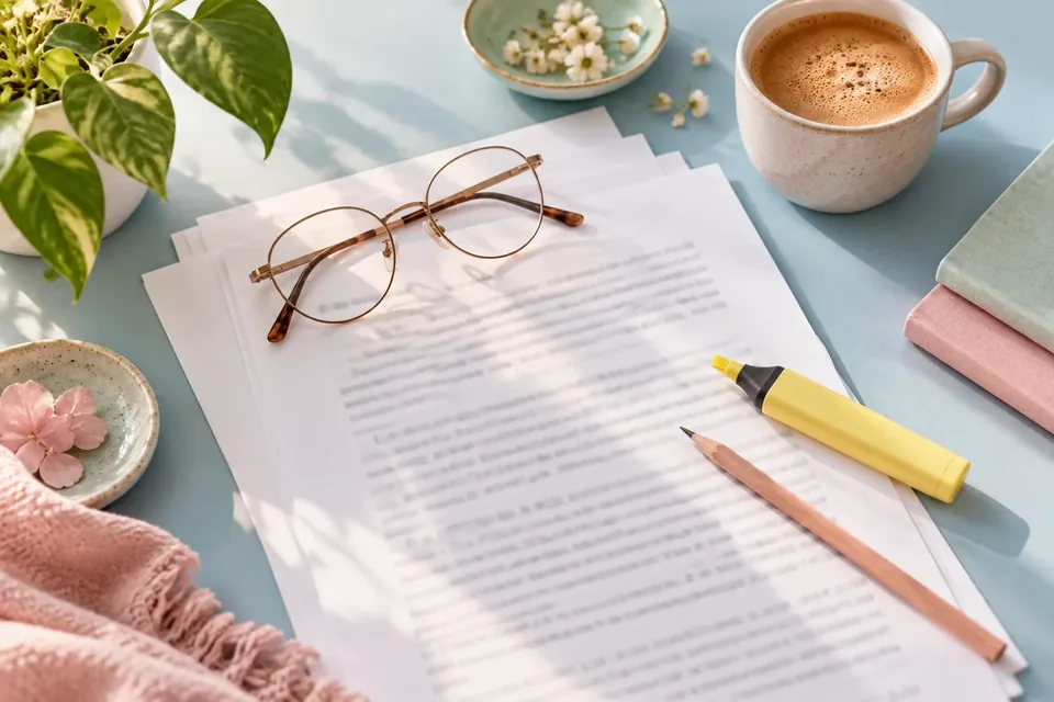 A printed document with a pencil, a highlighter and reading glasses on a light blue desk.
